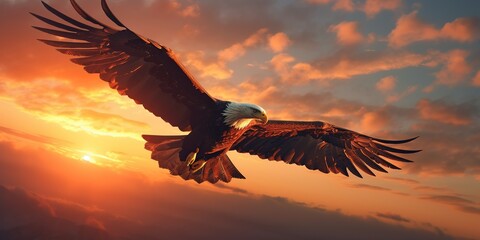 Obraz premium An eagle flying in the sky at sunset