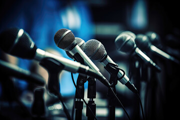 Group of media microphones on a press conference - obrazy, fototapety, plakaty