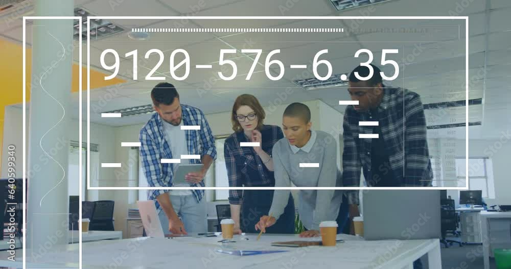 Wall mural Animation of changing numbers, loading bar, line graphs, diverse coworkers sharing ideas in office