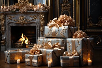 Beautiful gift boxes with Christmas decor on table against blurred lights background. 