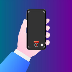 Record video on your phone. Flat, color, phone in hand, video recording. Vector illustration