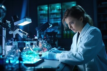 Closep-up portrait of a young female researcher working in a laboratory of a research institute. Creation of innovative medicines and vaccines.