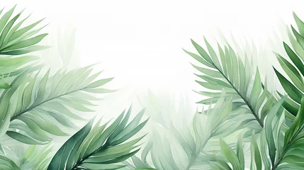 Fotobehang Abstract foliage botanical Green watercolor wallpaper of tropical plants, palm leaves, leaf branches, leaves white background blank for text © Rames studio