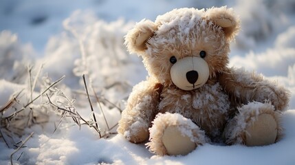 Teddybear forgotten, sitting in the snow on the lawn.
