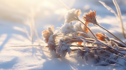 Frozen plants in winter lawn.
