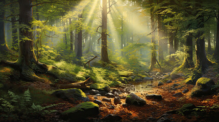 Lifelike portrayal of a sunlit forest clearing