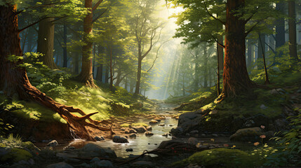 Obraz premium Lifelike portrayal of a sunlit forest clearing