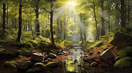 Lifelike portrayal of a sunlit forest clearing