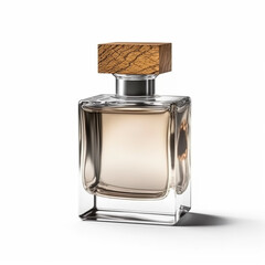 Mens perfume bottle with wooden cap isolated on white background, elegant fragrance and luxury scent, generative ai