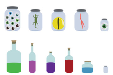 A set of jars with a witch's potion. Set of icons in cartoon style for your design. Vector illustration isolated on white background.