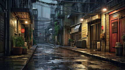 Hyperreal representation of a rainy urban alleyway