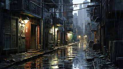 Hyperreal representation of a rainy urban alleyway