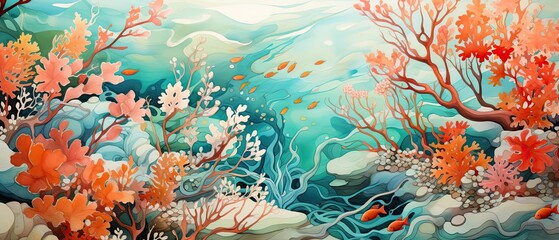 Fototapeta na wymiar Vibrant coral and turquoise ink patterns, merging and repelling in playful dance, reminiscent of tropical coral reefs beneath clear waters