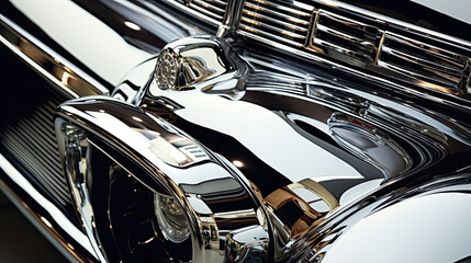 Fine details of a classic car's polished chrome surfaces