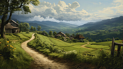 Obraz premium Hyperreal view of a serene countryside landscape