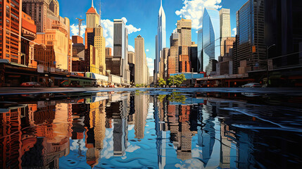 Hyperrealistic portrayal of a cityscape reflected in water