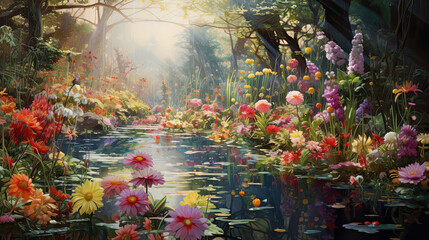 Hyperreal depiction of a vibrant flower garden in bloom