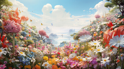 Fototapeta na wymiar Hyperreal depiction of a vibrant flower garden in bloom