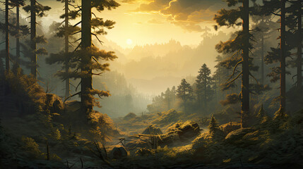 Lifelike representation of a misty forest during golden hour