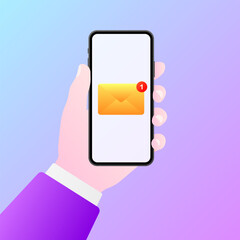 New notification on phone. Flat, color, envelope on the screen, phone in hand. Vector illustration