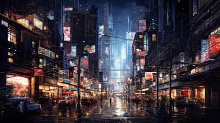 Hyperreal depiction of a bustling nighttime cityscape