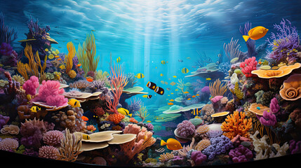 Hyperrealistic depiction of a vibrant underwater coral reef - obrazy, fototapety, plakaty