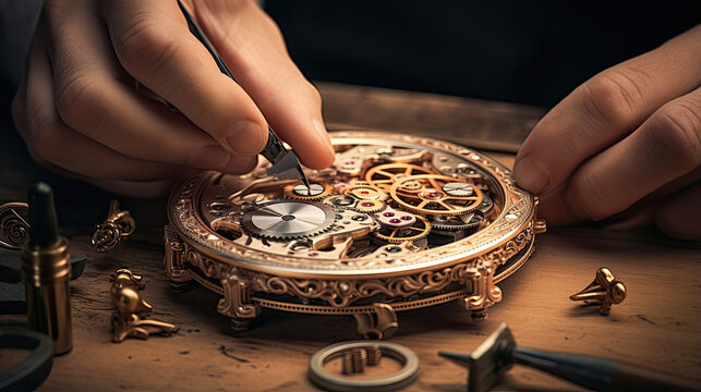 Intricate details of a watchmaker assembling a timepiece