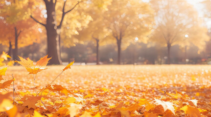 Golden Autumn Leaves in Sunlit Park: Beautiful Bokeh Photography. Generative AI.