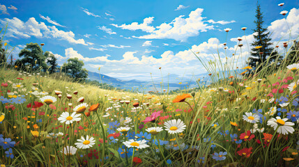 Intricately rendered meadow with wildflowers