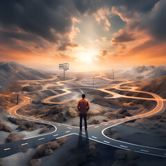 Abstract illustration man standing at a crossroads, concept of choice and decision making - obrazy, fototapety, plakaty