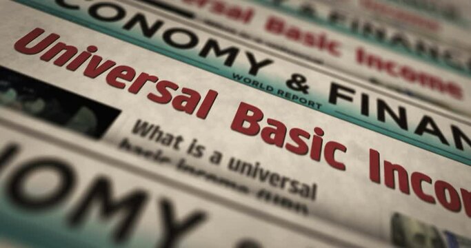 Universal basic income citizens salary payment and social redistribution daily news newspaper printing. Abstract concept retro headlines 3d seamless looped.