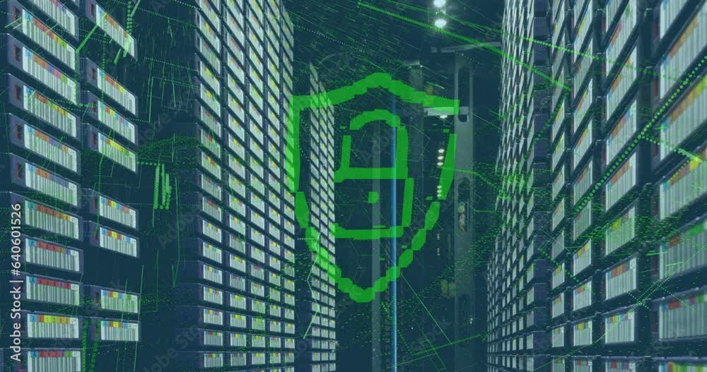 Poster animation of padlock in shield and dynamic waves over large data server room