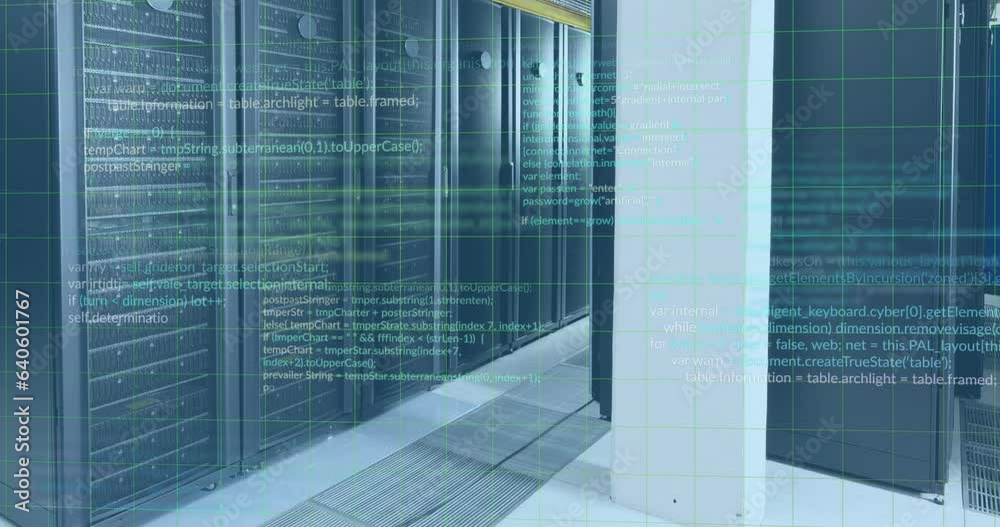 Poster animation of computer language over data server racks in server room