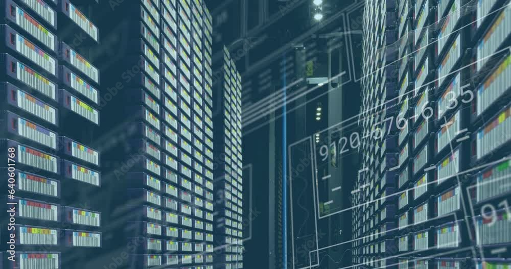 Poster animation of graphs, changing numbers and loading circles over large data server room