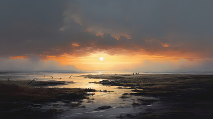 Lifelike portrayal of a misty coastal sunrise