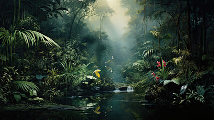 Hyperreal depiction of a dense tropical jungle