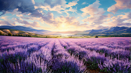Hyperreal view of a sunlit field of lavender