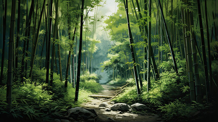 Hyperrealistic depiction of a serene bamboo forest