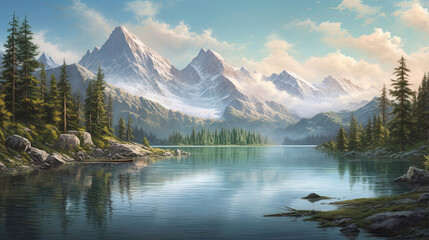 Lifelike representation of a serene mountain lake