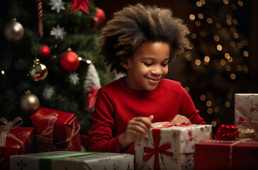 Joyful African Boy Celebrating Christmas with Gifts by the Tree.  generative AI