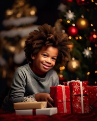 Fototapeta na wymiar Joyful African Boy Celebrating Christmas with Gifts by the Tree. generative AI