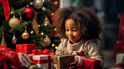 Fototapeta na wymiar Joyful African Child Celebrating Christmas with Gifts by the Tree. Generative AI