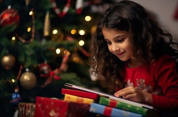 Joyful Little Arab Girl Celebrating Christmas with Gifts by the Christmas Tree.  Generative AI.