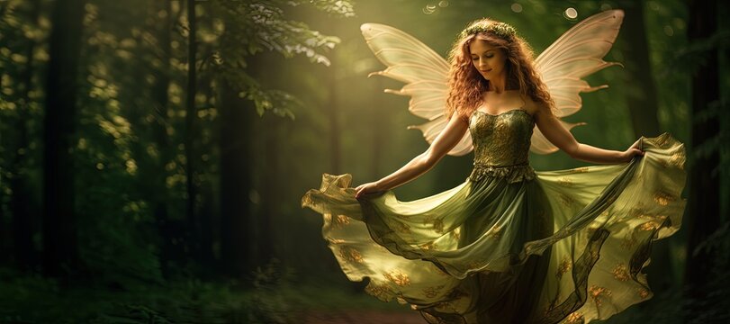 Photorealistic image of a dancing forest fairy. Forest fairy tale and guardians of the forest. The forest fairy dances in the rays of the rising sun. - Powered by Adobe