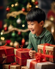 Fototapeta na wymiar Joyful Little Asian Boy Celebrating Christmas with Gifts by the Christmas Tree. Generative AI.