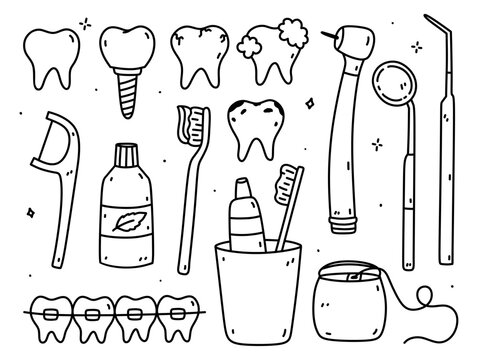 Dental Care Doodle Set. Healthy And Diseased Teeth, Braces, Implants, Toothbrushes And Flossers, Medical Dentistry Tools - Drill, Inspection Mirror, Dental Probe. Vector Hand-drawn Illustration.