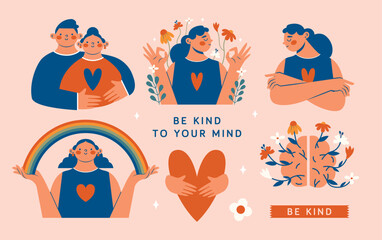Hand drawn set of vector illustrations about mental health support with hugging people, young persons, hands, heart, rainbow, brain, flowers, labels. Modern minimal clip arts with funny characters.