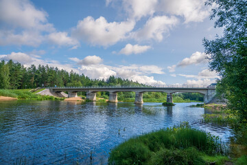Fototapeta na wymiar Restored, reconstructed concrete bridge over Latvia's longest river Gauja near the city of Strenci. Bridge over the river, in summer