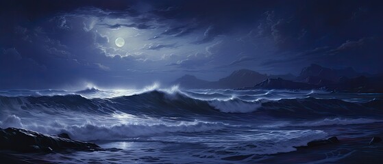 Silvery moonlit waves mixing with deep indigo, capturing the enchantment of a moonlit seascape during a tranquil night