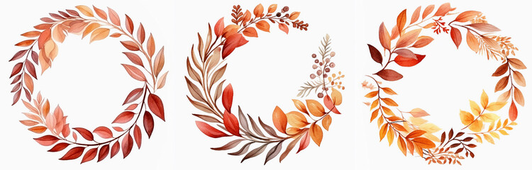 watercolour Christmas floral wreath in brown, red and orange muted colors isolated on a white background. Rustic boho wedding wreath. Perfect for textile, wedding card, greetings and invitation card, 
